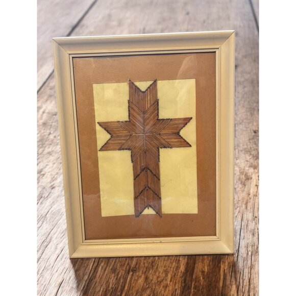 Vintage Tramp Art Hanging Matchstick Cross 14x18 framed - Picture 1 of 7